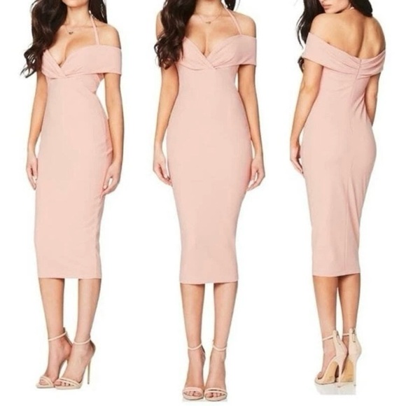 Nookie Revolve Athena Off Shoulder Midi Bodycon Dress Blush Light Pink Large - Picture 1 of 7